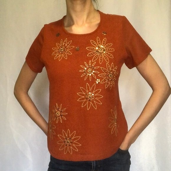 Alfred Dunner Petites Floral Embroidered Tee Shirt T-Shirt Mesh Beading Small P - Picture 1 of 11